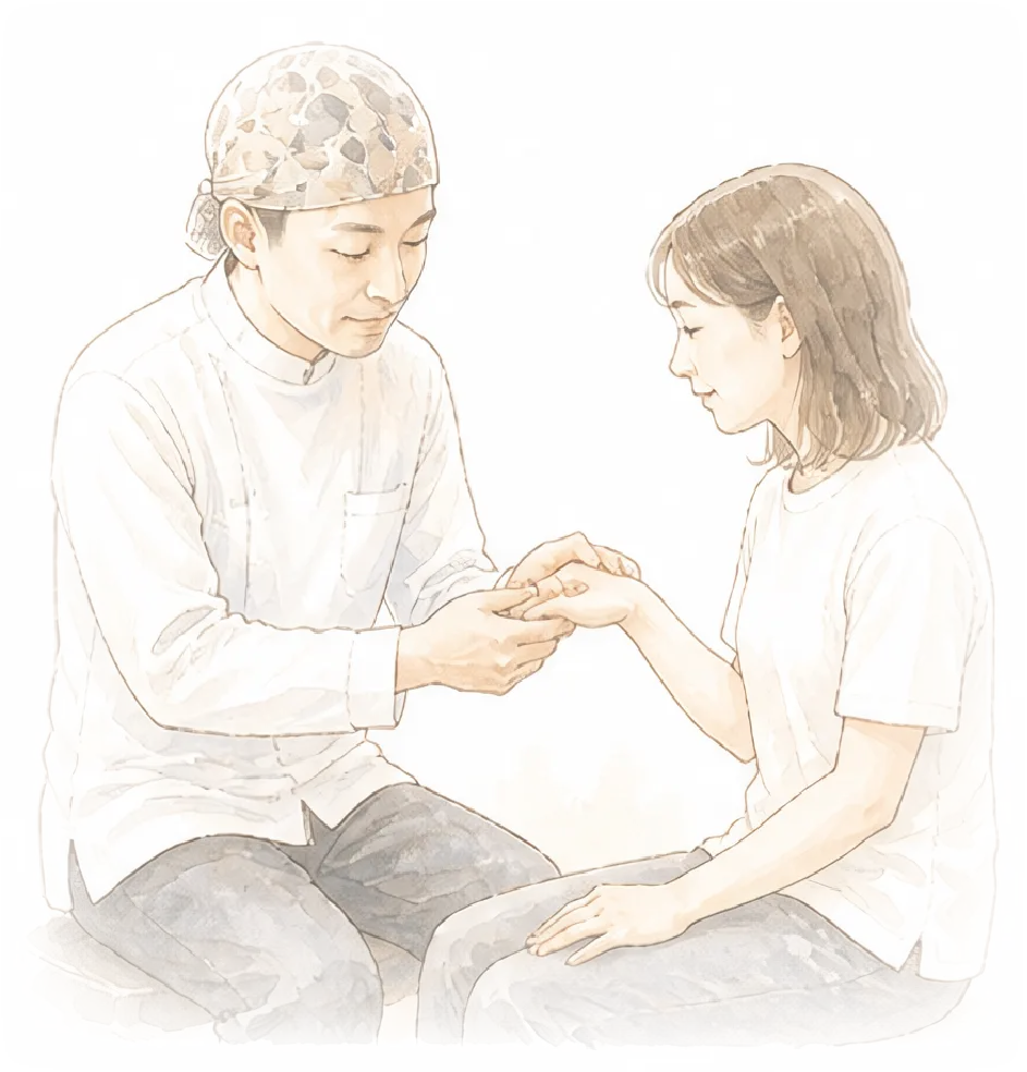 赤岩先生が女性患者の手を施術しているイラスト
